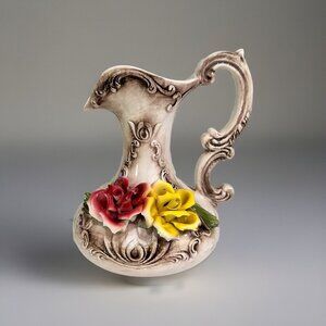 CAPODIMONTE VTGE  Porcelain 9.5” Pitcher Antique Vase Floral Made In Italy